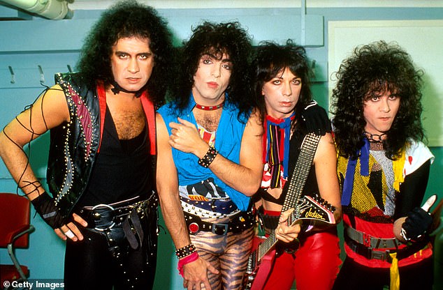 Kiss, group portrait, without make up in London in August 1983; L-R, Simmons, Paul Stanley, Vinnie Vincent, Eric Carr
