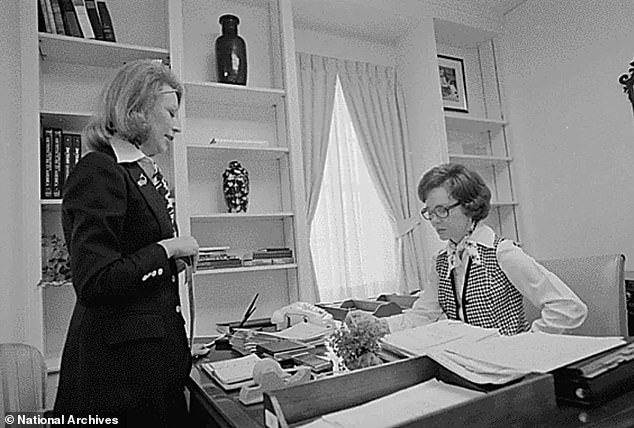First Lady Rosalynn Carter with her personal assistant, Madeline McBean, in 1977 in the White House East Wing office