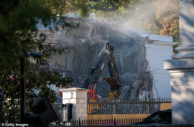 Construction equipment made quick work of the East Wing, with this photograph taken late Monday afternoon, by Tuesday just three of the East Wing's walls remained