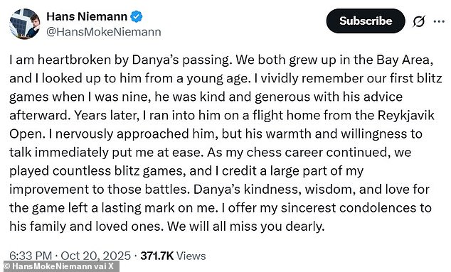 American grandmaster Hans Niemann said the two grew up in the same area and that Naroditsky never hesitated to offer advice