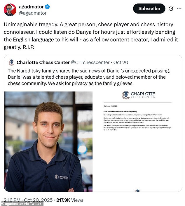 In the wake of Naroditsky's death, a slew of fans and admirers have come forward, including Croatian YouTuber and chess player Antonio Radi¿ who described him as a 'great person' who had the ability to hold viewers' attention for hours