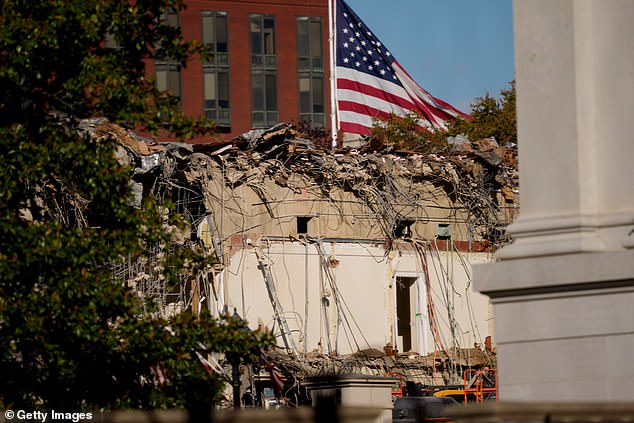 The president slammed photos that appeared to show just three walls of the East Wing still standing