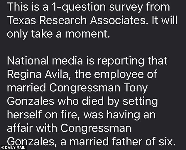 Voters in San Antonio received this text message (pictured above in part) Tuesday after the Daily Mail broke the story about Gonzales' alleged affair with his aide. Note: the text incorrectly uses 'Avila' as Regina Aviles' last name