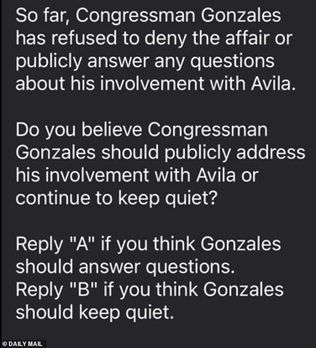 In the text (pictured above in part), voters were polled about how Gonzales should deal with the scandal. Note: the text incorrectly uses 'Avila' as Regina Aviles' last name