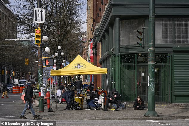 A recent report found that some of the highest number of unregulated drug deaths in 2025 thus far were in Vancouver and Central Vancouver Island, which includes Higginson's district. An overdose prevention tent is pictured in Vancouver.