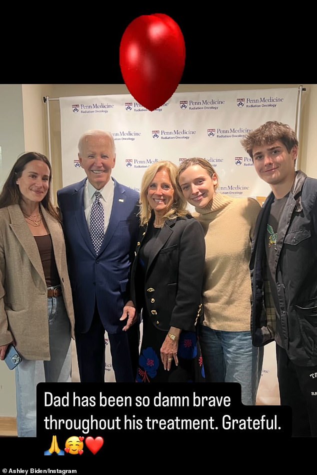 Earlier this week, Ashley Biden (left) shared that her father, former President Joe Biden (center left) had concluded his cancer treatment at Penn Medicine. He was joined by family members: former First Lady Jill Biden (center) and grandkids Finnegan (center right) and Hunter (right)