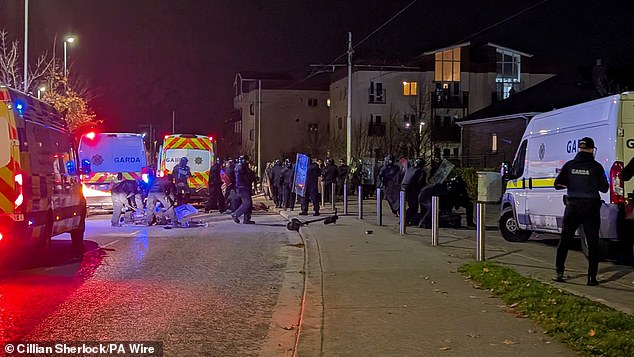 Gardai officers detain protesters near the Citywest Hotel, as disturbances flared outside the Dublin hotel which used to house asylum seekers on October 22