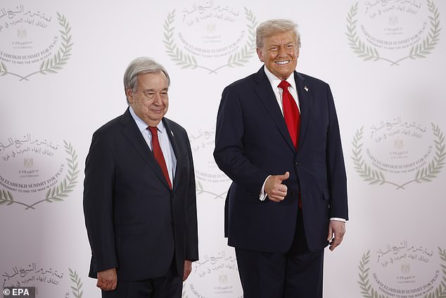 The UN secretary-general and US President Donald Trump are on opposite sides of the global climate debate. They're pictured together at the Gaza Peace Summit in Sharm El-Sheikh, Egypt, October 13, 2025