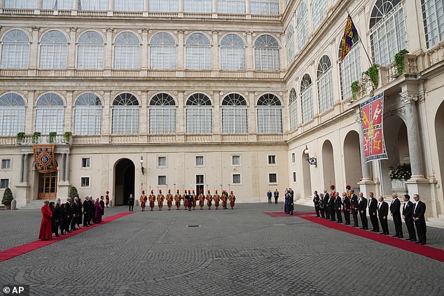 King Charles and Queen Camilla listen national anthems at San Damaso Courtyard today