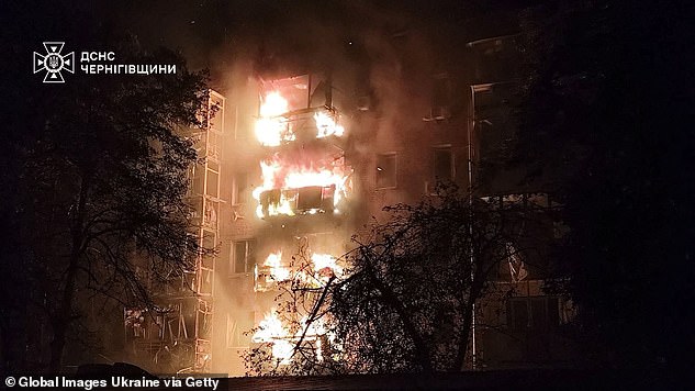 The building of the Domino business center remains damaged after a Russian drone attack on October 23, 2025 in Kyiv, Ukraine