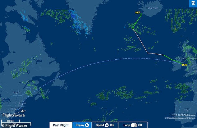 The plane diverted north to Iceland and made a safe emergency landing at Keflavík International Airport (KEF) just before 8:45pm local time (Pictured: Flight tracking data)