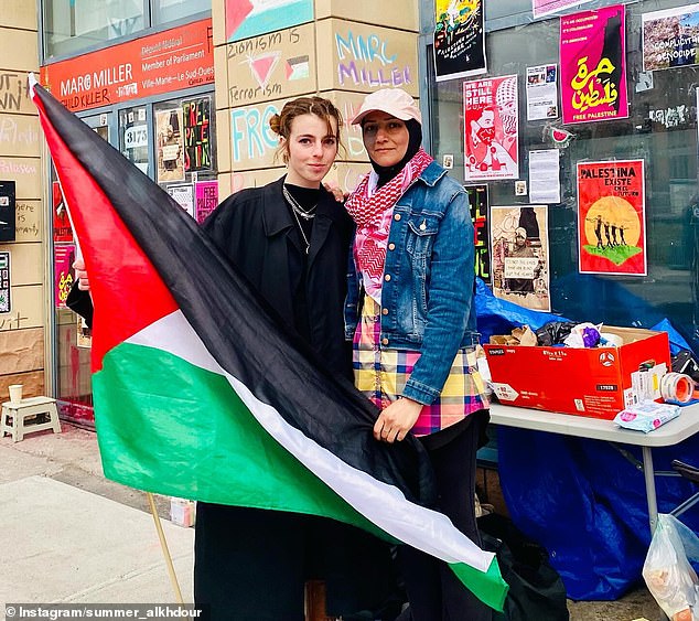 Alkhdour has frequently participated in pro-Palestine protests in Canada (pictured). She was arrested last year and charged with criminally harassing Montreal MP Marc Miller during a demonstration