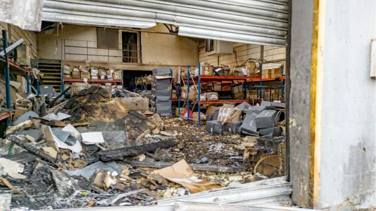 Damage to an east London warehouse that was shown to the jury at the Old Bailey.
Pic: PA