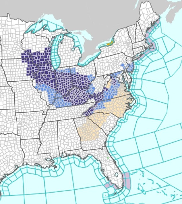 The National Weather Service issued the alert for 10 states, covering more than 200 counties