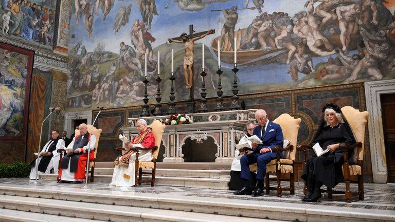 Pope Leo and Archbishop of York are joined by the King and Queen during an act of worship in the Sistine Chapel. Pic: Vatican Media/Reuters