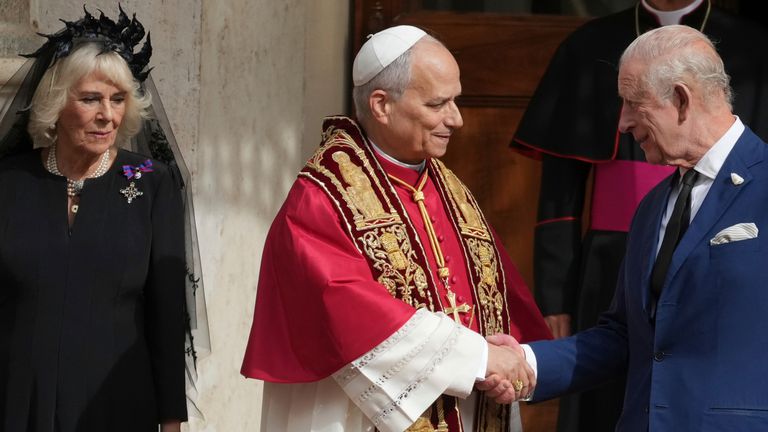 Pope Leo greets King Charles and Queen Camilla at the Vatican. Pic: AP