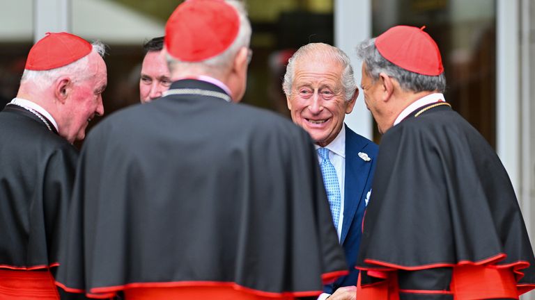 King Charles at a garden reception at the Pontifical Beda College, where men prepare for the priesthood. Pic: PA