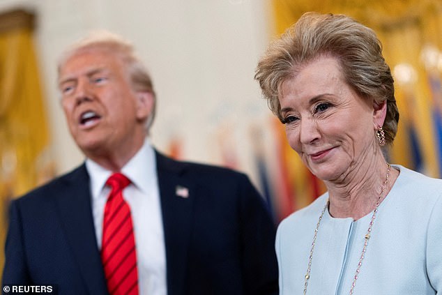 Secretary of Education Linda McMahon smiles during the signing event for an executive order to shut down the Department of Education in February. McMahon was reportedly competing for the White House chief of staff job late last year