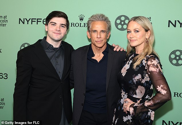 And his son also stated that he felt he 'came last' while the actor was pursuing a successful Hollywood career; Stiller seen with son Quinn (far left) and wife Christine Taylor earlier this month in NYC