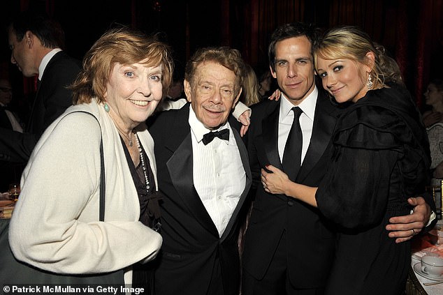The actor is the son of late stars Jerry Stiller and Anne Meara - who also had successful careers in the entertainment industry; Stiller seen above with his late parents and wife in 2008 in NYC