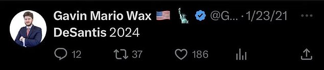 Wax tweeted in support of DeSantis in 2021, three days after Joe Biden was sworn in as president