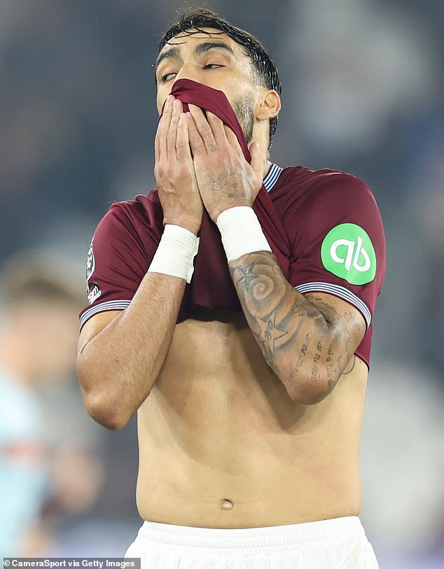 Lucas Paqueta shows his frustration during the defeat by Brentford on Monday night
