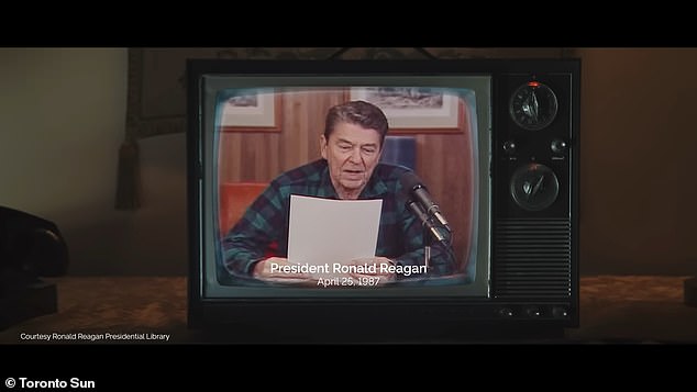 The one-minute ad excerpts a 1987 radio address by Reagan to justify imposing 100 percent tariffs on Japanese electronics over a trade dispute over semiconductors