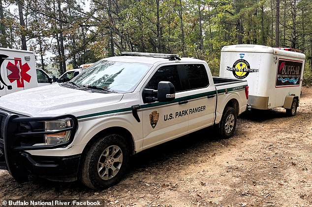 The Harrison Fire Department 'repelled' or used climbing gear and ropes to descend 260ft over the edge of the bluff