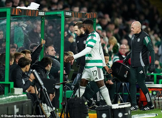 A dejected Iheanacho makes way after suffering an early injury against Sturm Graz