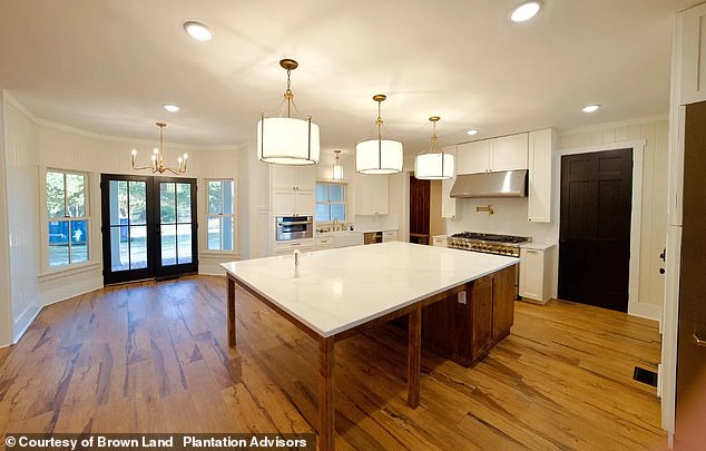 The newly renovated property features elegant light fixtures in its kitchen