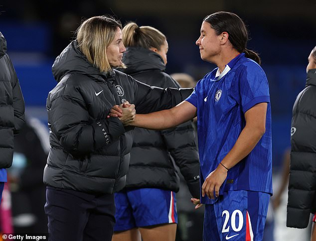 Chelsea condemned what it called ¿unacceptable and hateful homophobic¿ comments, while Kerr and Mewis were forced to restrict replies on the post (Pictured: Chelsea manager Sonia Bompastor, left, with Kerr, right)