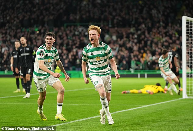 Scales celebrates after his equaliser gave Celtic the breakthrough they desperately needed