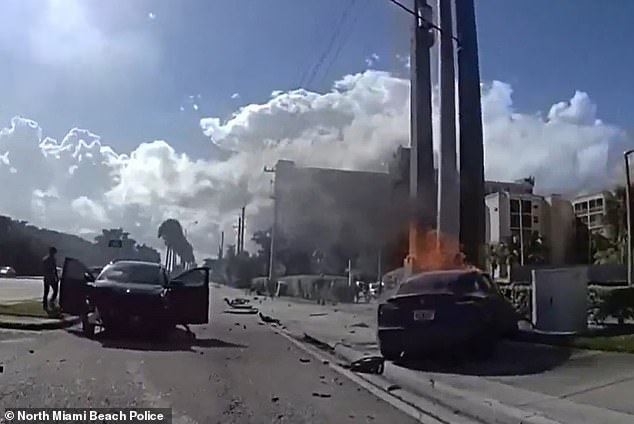 Eibinder was driving along a six-lane road in North Miami Beach last week when she was cut off by an SUV driver traveling in the same direction. The vehicles collided before Eibinder's Tesla struck a pole and erupted into flames