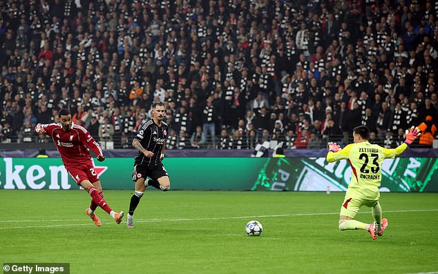 Hugo Ekitike (left) demonstrated why he must start up front for Liverpool with another goal