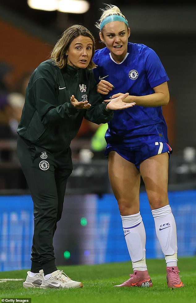 Matildas star Ellie Carpenter believes moving to Chelsea was the right decision for her career (pictured, with Blues manager Sonia Bompastor)