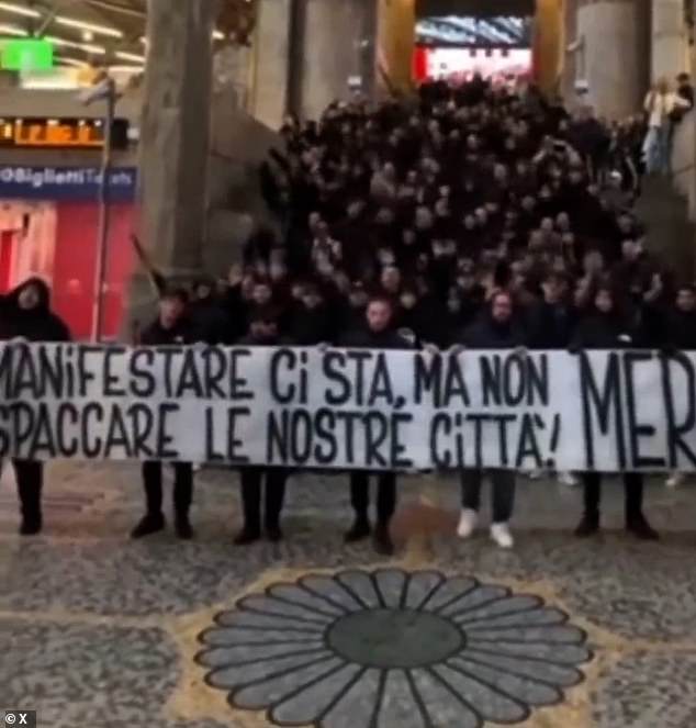 A group of Juventus supporters gathered in Milan Central Station to protest on Sunday