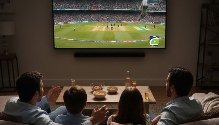 The representational image shows a family enjoying live cricket action on Geo Super TV. — Gemini  AI/File