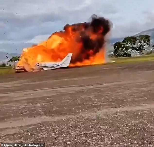 A plane erupted into flames in a horror plane crash just after takeoff, killing two passengers on a Venezuela runway