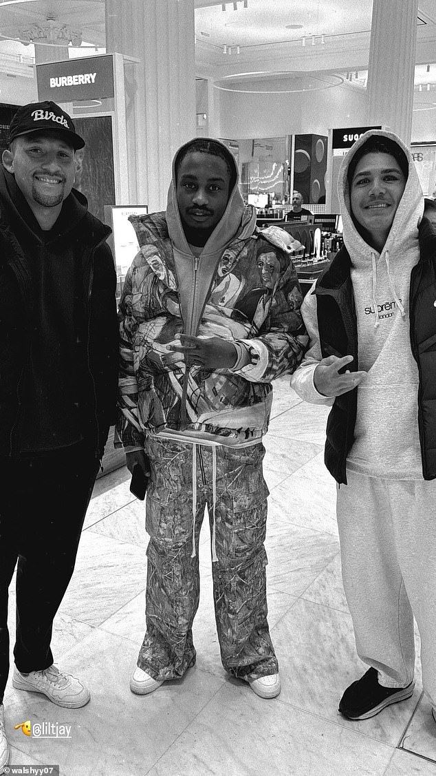 Reece Walsh and Broncos teammate Gehamat Shibasaki met rapper Lil Tjay at Burberry in London