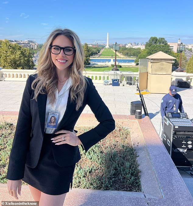 Lindell TV anchor Allison Steinberg (pictured in DC), said: 'The funny thing is the protests didn't seem too diverse, in fact, they appeared to be primarily comprised of old, white liberals. You know, the old hippie crowd who never grew up.'
