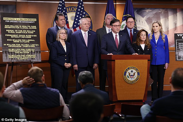 Speaker of the House Mike Johnson (R-LA) (C) delivers remarks at a news conference on the government shutdown at the U.S. Capitol on October 15, 2025 in Washington, DC. Johnson held the news conference with members of the Main Street Caucus
