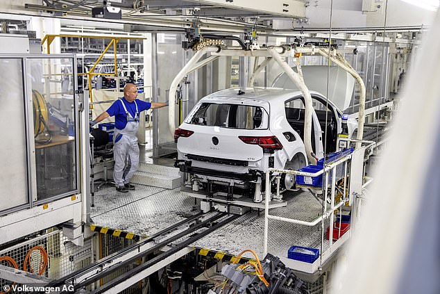 Production of the Golf hatchback at the Wolfsburg factory (pictured) at VW's headquarters will be paused on Wednesday 29 October amidst growing concerns over chip supply shortages