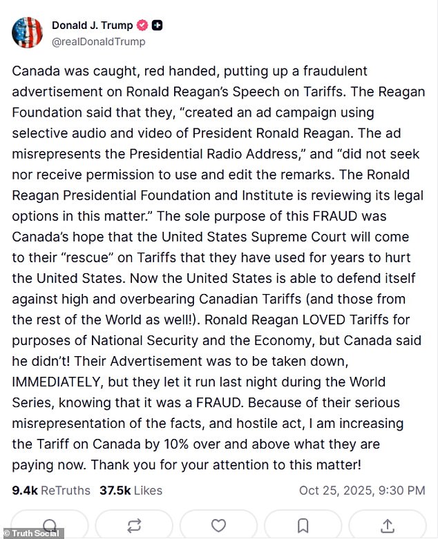 Trump set a 10 percent hike in tariffs on Canada after the ad came out