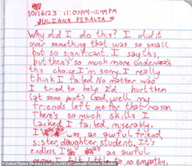 Peralta left a heartbreaking suicide note in red ink after telling the chatbot she planned do so, per the complaint