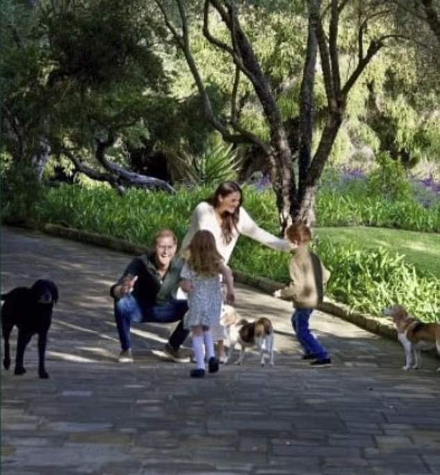 A close-up of one of the photos on Prince Harry and Meghan's 2025 Christmas card showing their dogs and children, Archie and Lilibet