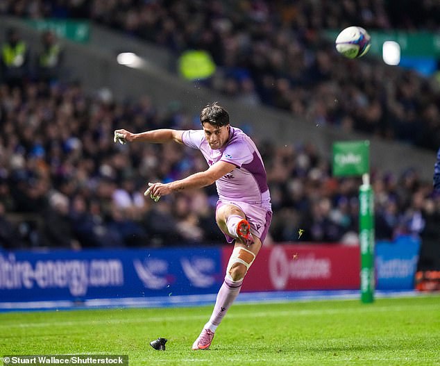 Scotland's Adam Hastings kicks a conversion in the victory over USA