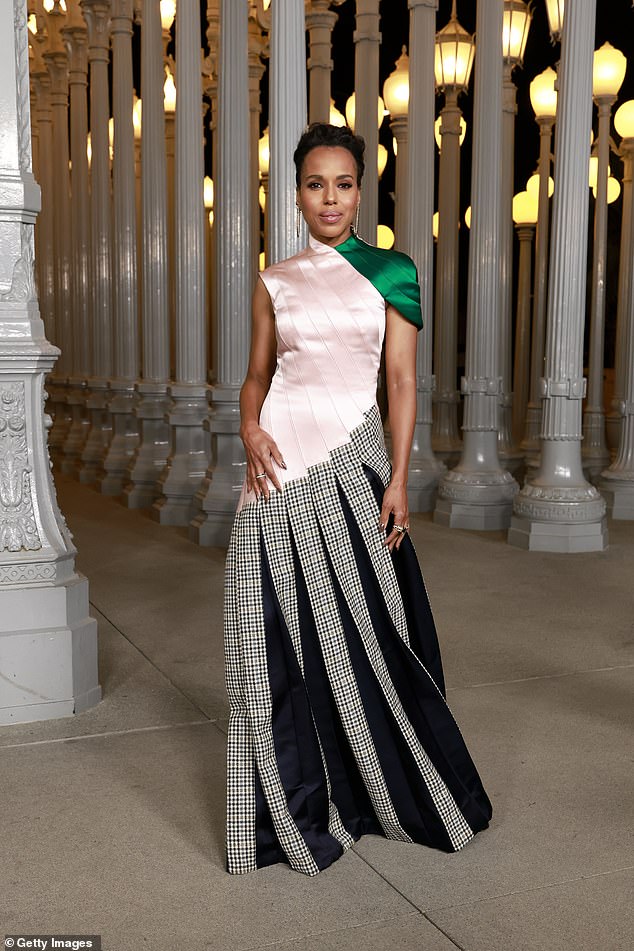 Kerry Washington arrived in a head-scratcher of a patchwork dress. It featured a pleated black-and-plaid skirt at an angle, along with a bodice of pink satin strips and a single green satin shoulder