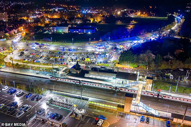 An aerial view of the train station as well as police presence at the scene on Saturday night