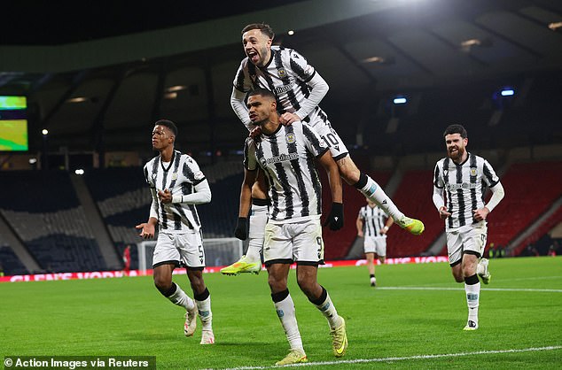 St Mirren celebrate their place in the Premier Sports Cup final after Mandron made it 4-1 late on