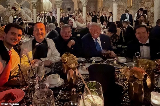 Rubio's wife posted a picture of some of the other guests at the table with Trump, including her husband (right) and Trump's son-in-law Michael Boulos (left)